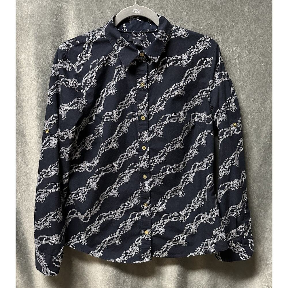 NAUTICA Women’s Navy Blue White Anchor Button Up Top Size L